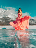 Vestido de noche de graduación de corte A/princesa de gasa sin mangas con escote en forma de corazón y pliegues hasta el suelo