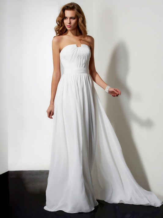 Vestido de noche de graduación de gasa largo con pliegues, volantes, sin tirantes, corte A/princesa