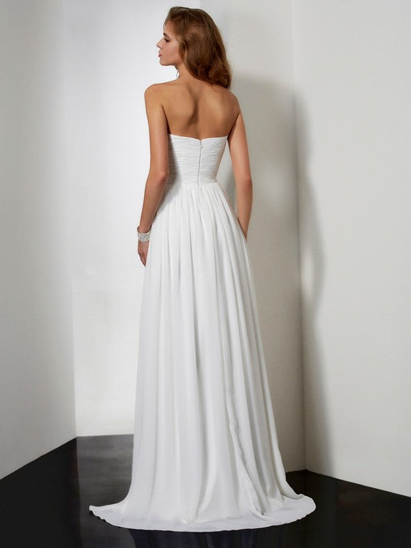 Vestido de noche de graduación de gasa largo con pliegues, volantes, sin tirantes, corte A/princesa
