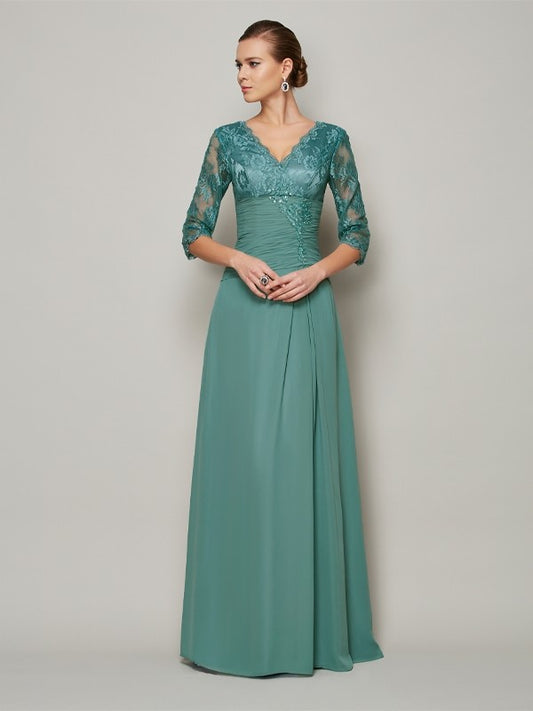 A-Line/Princess V-neck 3/4 Sleeves Lace Long Chiffon Mother of the Bride Dresses