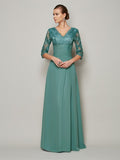 A-Line/Princess V-neck 3/4 Sleeves Lace Long Chiffon Mother of the Bride Dresses