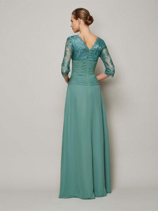 A-Line/Princess V-neck 3/4 Sleeves Lace Long Chiffon Mother of the Bride Dresses