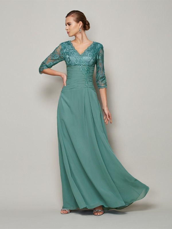 A-Line/Princess V-neck 3/4 Sleeves Lace Long Chiffon Mother of the Bride Dresses