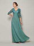 A-Line/Princess V-neck 3/4 Sleeves Lace Long Chiffon Mother of the Bride Dresses
