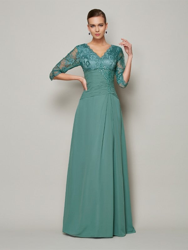 A-Line/Princess V-neck 3/4 Sleeves Lace Long Chiffon Mother of the Bride Dresses