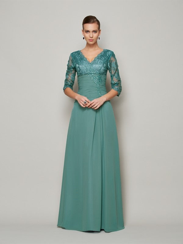 A-Line/Princess V-neck 3/4 Sleeves Lace Long Chiffon Mother of the Bride Dresses
