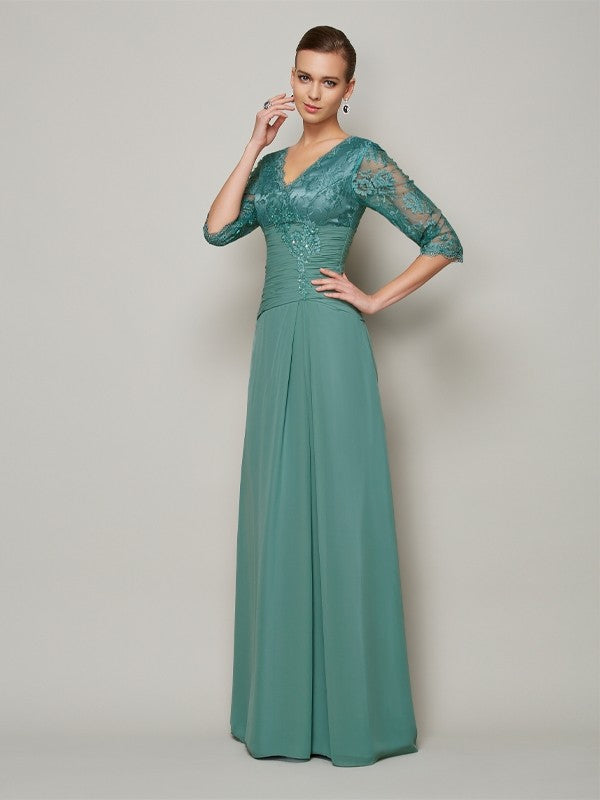 A-Line/Princess V-neck 3/4 Sleeves Lace Long Chiffon Mother of the Bride Dresses