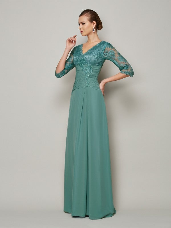 A-Line/Princess V-neck 3/4 Sleeves Lace Long Chiffon Mother of the Bride Dresses