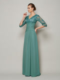 A-Line/Princess V-neck 3/4 Sleeves Lace Long Chiffon Mother of the Bride Dresses