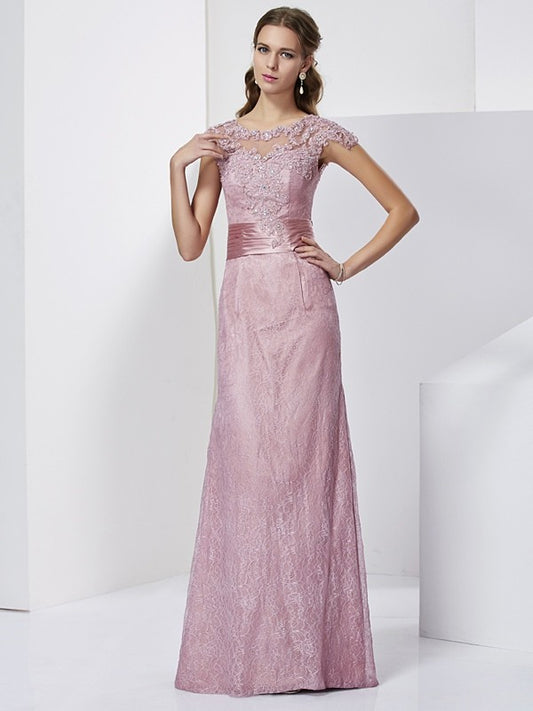 Sheath/Column High Neck Short Sleeves Lace Long Silk like Satin Mother of the Bride Dresses