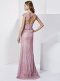 Sheath/Column High Neck Short Sleeves Lace Long Silk like Satin Mother of the Bride Dresses