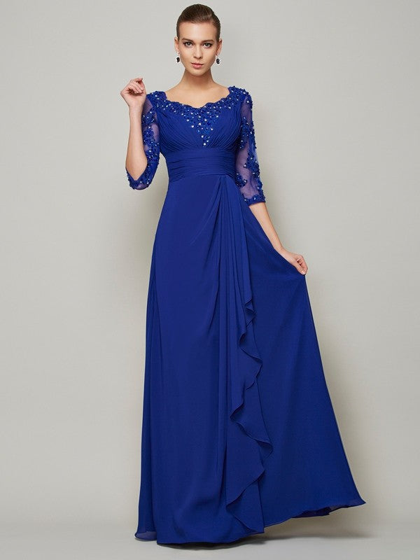 Vestidos de madre de la novia de gasa larga con encaje, corte A/princesa, mangas 3/4 y escote redondo
