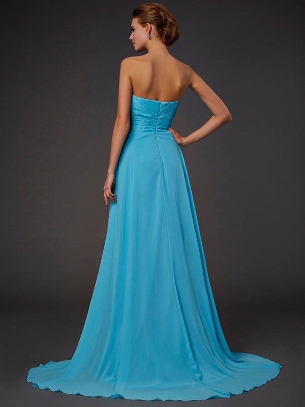 Vestido de noche de graduación de gasa largo con pliegues, sin mangas, corte A/princesa, escote corazón