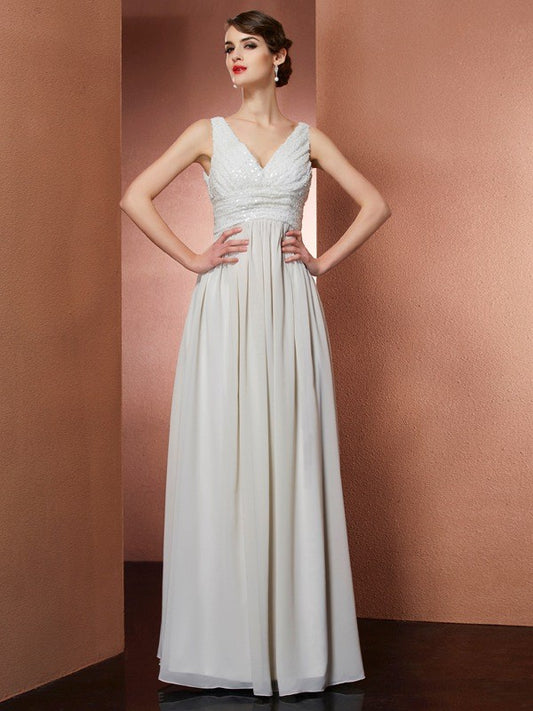 Vestido de noche de graduación de gasa largo sin mangas con escote en V y corte A/princesa