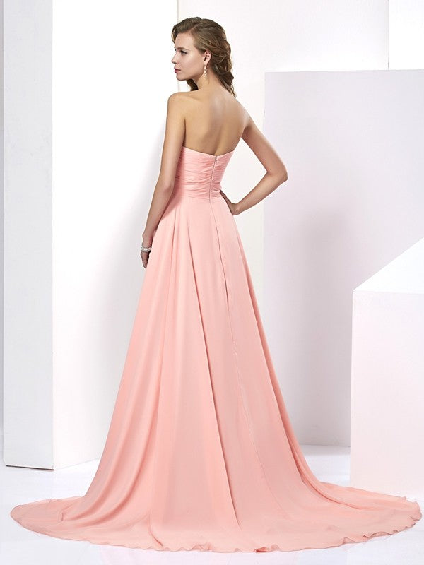Vestido de noche de graduación de gasa largo con cuentas, sin mangas, corte princesa/escote en forma de corazón