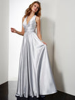 Vestido de noche de graduación con escote halter, sin mangas, plisado, largo, de satén tipo seda