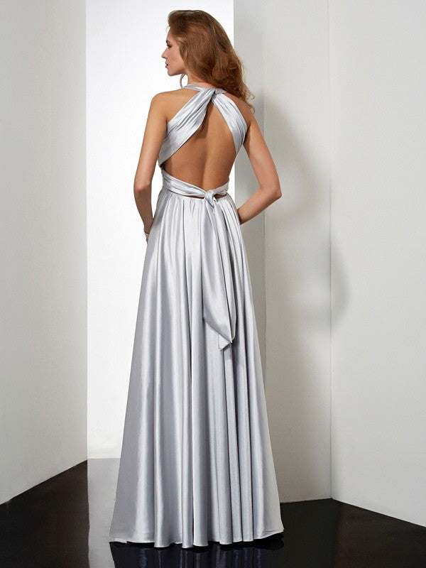 Vestido de noche de graduación con escote halter, sin mangas, plisado, largo, de satén tipo seda