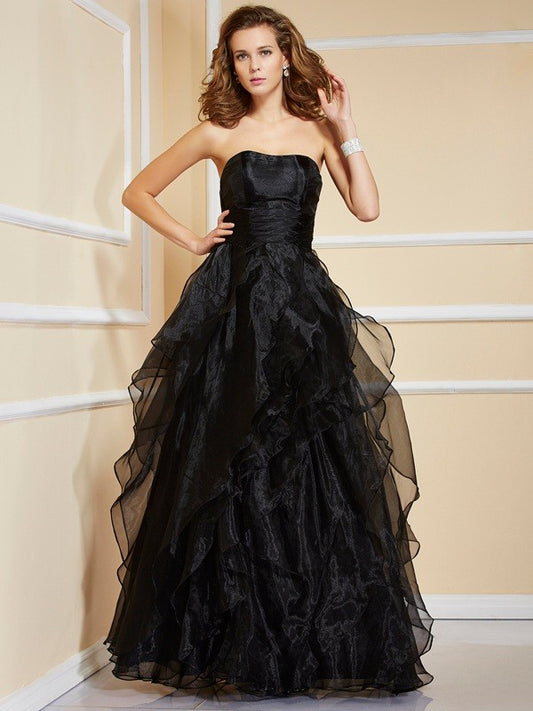 Vestido de noche de fiesta largo de organza con volantes, sin mangas y sin tirantes, corte A/princesa