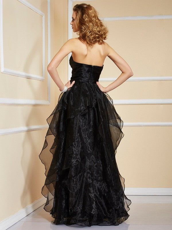 Vestido de noche de fiesta largo de organza con volantes, sin mangas y sin tirantes, corte A/princesa
