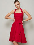 Vestido de dama de honor de gasa corto, corte A/princesa, halter, sin mangas, plisado, con lazo, para invitada de boda
