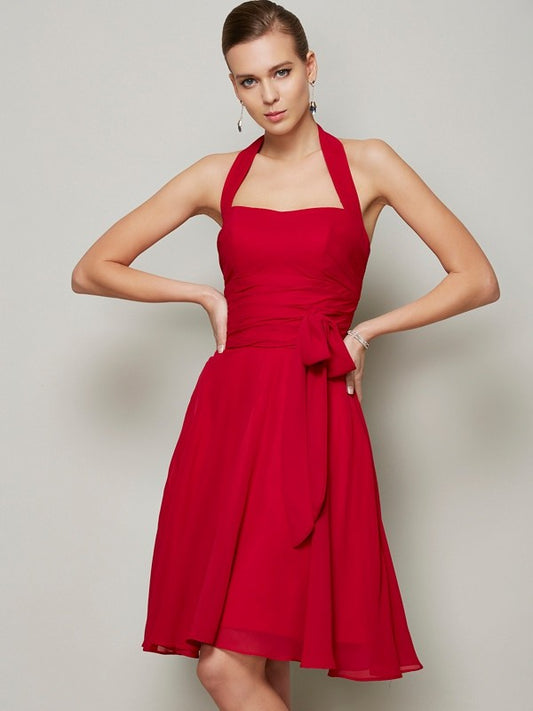 Vestido de dama de honor de gasa corto, corte A/princesa, halter, sin mangas, plisado, con lazo, para invitada de boda