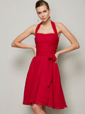 Vestido de dama de honor de gasa corto, corte A/princesa, halter, sin mangas, plisado, con lazo, para invitada de boda