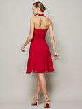 Vestido de dama de honor de gasa corto, corte A/princesa, halter, sin mangas, plisado, con lazo, para invitada de boda