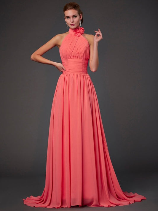 Vestido de dama de honor largo de gasa, corte A/princesa, sin mangas, con cuello halter y flores hechas a mano, vestido de noche