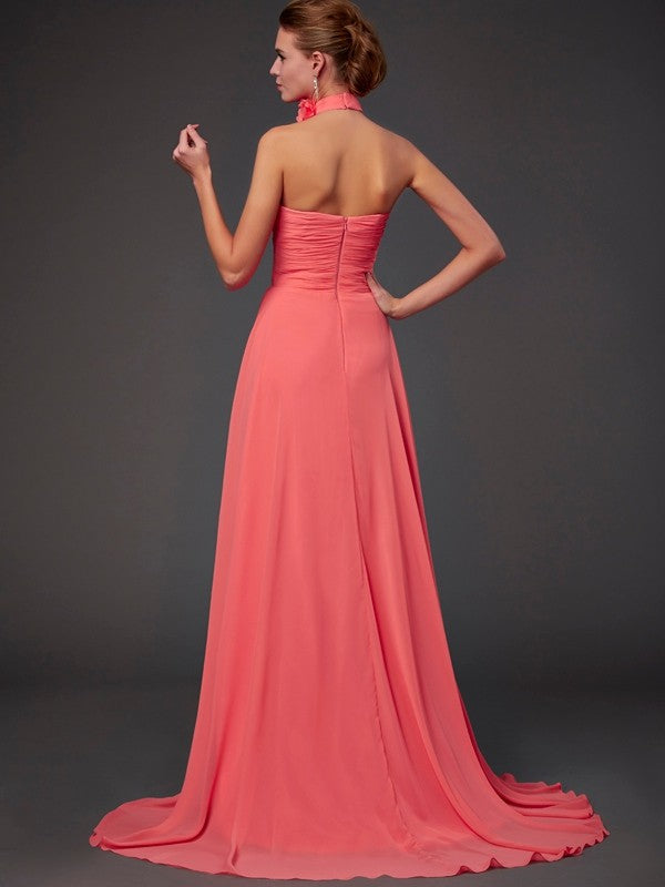 Vestido de dama de honor largo de gasa, corte A/princesa, sin mangas, con cuello halter y flores hechas a mano, vestido de noche