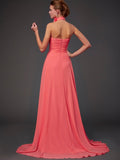 Vestido de dama de honor largo de gasa, corte A/princesa, sin mangas, con cuello halter y flores hechas a mano, vestido de noche