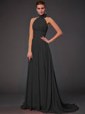 Vestido de dama de honor largo de gasa, corte A/princesa, sin mangas, con cuello halter y flores hechas a mano, vestido de noche