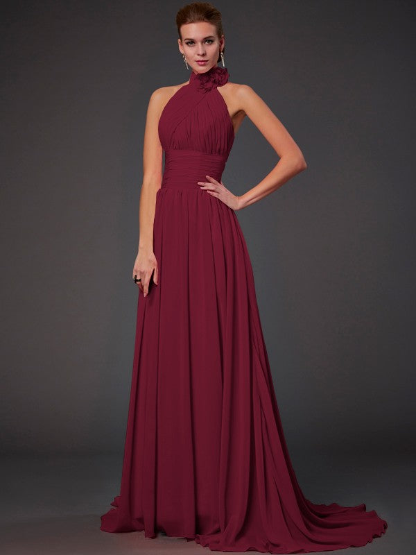 Vestido de dama de honor largo de gasa, corte A/princesa, sin mangas, con cuello halter y flores hechas a mano, vestido de noche