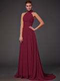 Vestido de dama de honor largo de gasa, corte A/princesa, sin mangas, con cuello halter y flores hechas a mano, vestido de noche