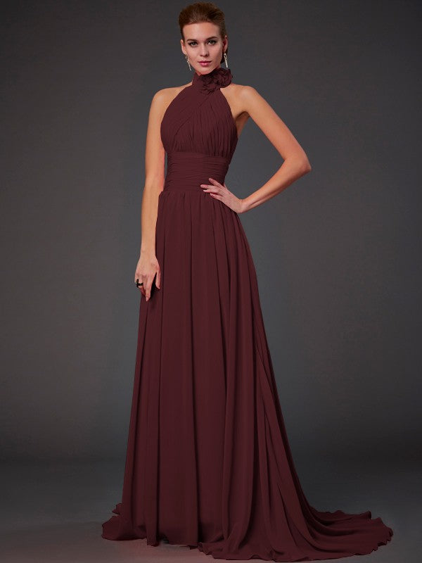 Vestido de dama de honor largo de gasa, corte A/princesa, sin mangas, con cuello halter y flores hechas a mano, vestido de noche