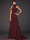 Vestido de dama de honor largo de gasa, corte A/princesa, sin mangas, con cuello halter y flores hechas a mano, vestido de noche