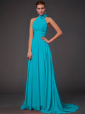 Vestido de dama de honor largo de gasa, corte A/princesa, sin mangas, con cuello halter y flores hechas a mano, vestido de noche