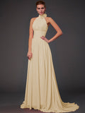 Vestido de dama de honor largo de gasa, corte A/princesa, sin mangas, con cuello halter y flores hechas a mano, vestido de noche