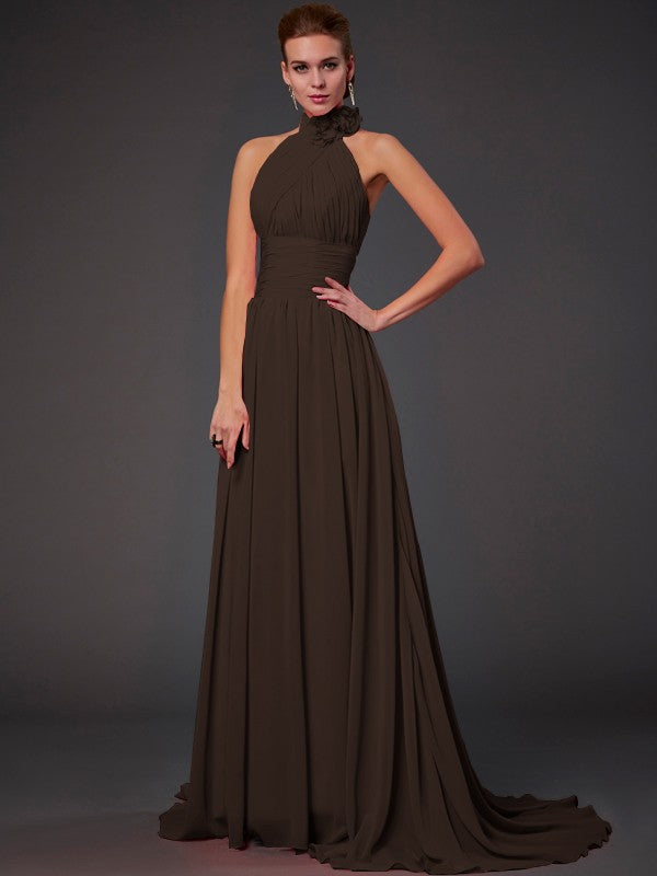 Vestido de dama de honor largo de gasa, corte A/princesa, sin mangas, con cuello halter y flores hechas a mano, vestido de noche