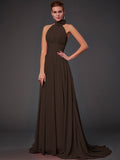 Vestido de dama de honor largo de gasa, corte A/princesa, sin mangas, con cuello halter y flores hechas a mano, vestido de noche