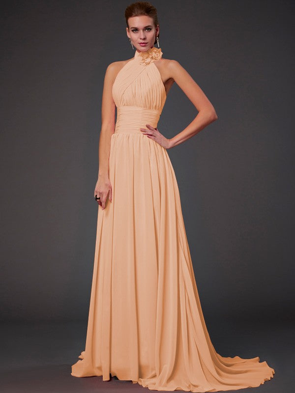 Vestido de dama de honor largo de gasa, corte A/princesa, sin mangas, con cuello halter y flores hechas a mano, vestido de noche