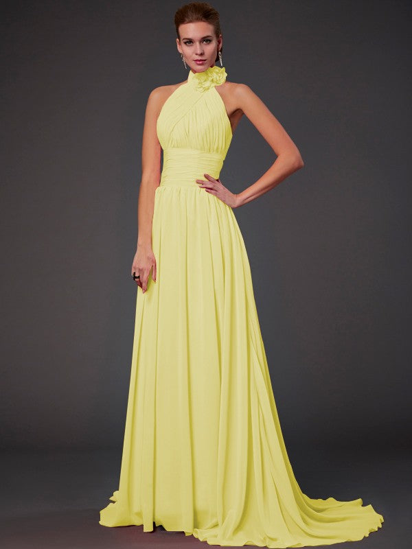 Vestido de dama de honor largo de gasa, corte A/princesa, sin mangas, con cuello halter y flores hechas a mano, vestido de noche