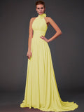Vestido de dama de honor largo de gasa, corte A/princesa, sin mangas, con cuello halter y flores hechas a mano, vestido de noche