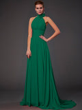 Vestido de dama de honor largo de gasa, corte A/princesa, sin mangas, con cuello halter y flores hechas a mano, vestido de noche