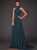 Vestido de dama de honor largo de gasa, corte A/princesa, sin mangas, con cuello halter y flores hechas a mano, vestido de noche