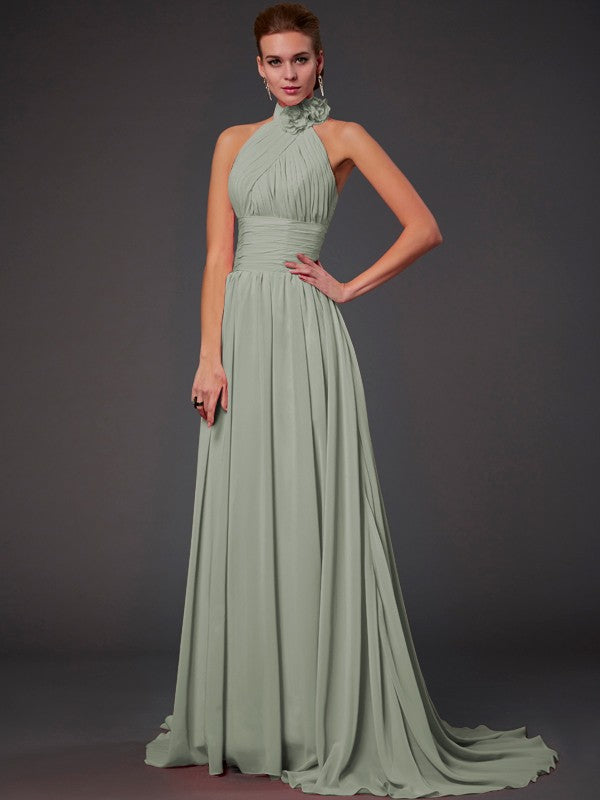 Vestido de dama de honor largo de gasa, corte A/princesa, sin mangas, con cuello halter y flores hechas a mano, vestido de noche