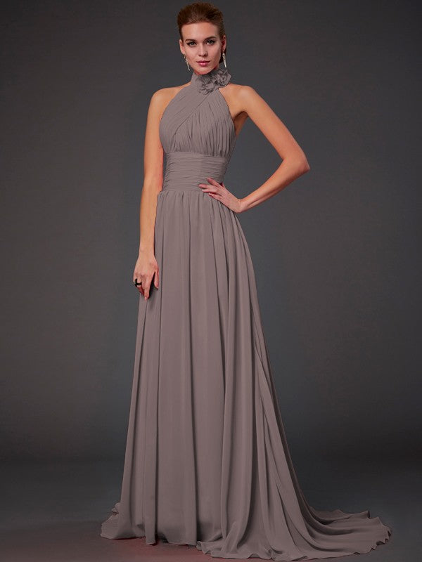 Vestido de dama de honor largo de gasa, corte A/princesa, sin mangas, con cuello halter y flores hechas a mano, vestido de noche