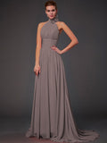 Vestido de dama de honor largo de gasa, corte A/princesa, sin mangas, con cuello halter y flores hechas a mano, vestido de noche