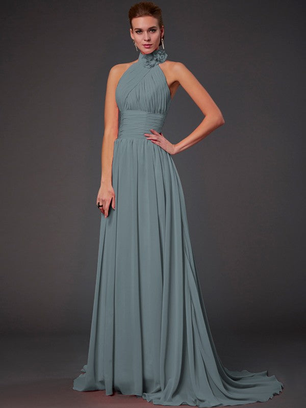 Vestido de dama de honor largo de gasa, corte A/princesa, sin mangas, con cuello halter y flores hechas a mano, vestido de noche