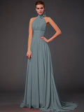 Vestido de dama de honor largo de gasa, corte A/princesa, sin mangas, con cuello halter y flores hechas a mano, vestido de noche