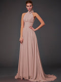 Vestido de dama de honor largo de gasa, corte A/princesa, sin mangas, con cuello halter y flores hechas a mano, vestido de noche